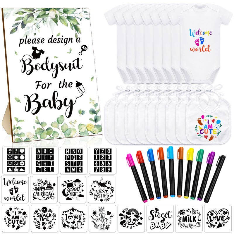 Chuarry 43 Pcs DIY Baby Bibs Decorating Kit 8 Bodysuits 8 Pcs 2 Ply White Bibs 10 Fabric Markers 16 Stencils Baby Shower Sign (Greenery) - Image 1
