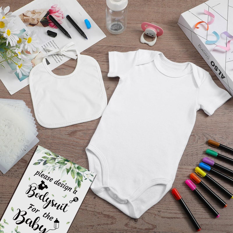 Chuarry 43 Pcs DIY Baby Bibs Decorating Kit 8 Bodysuits 8 Pcs 2 Ply White Bibs 10 Fabric Markers 16 Stencils Baby Shower Sign (Greenery) - Image 4