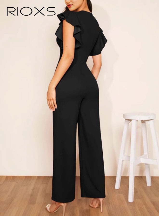 RIOXS Women Onepiece Jumpsuit, Summer Casual Loose V-Neck Short Ruffled Sleeve Jumpsuit with Elastic High Waist, Flowy Wide Leg Solid Color Dressy Rompers Jumpers for Business Wedding Dating Holiday, Black - Image 3