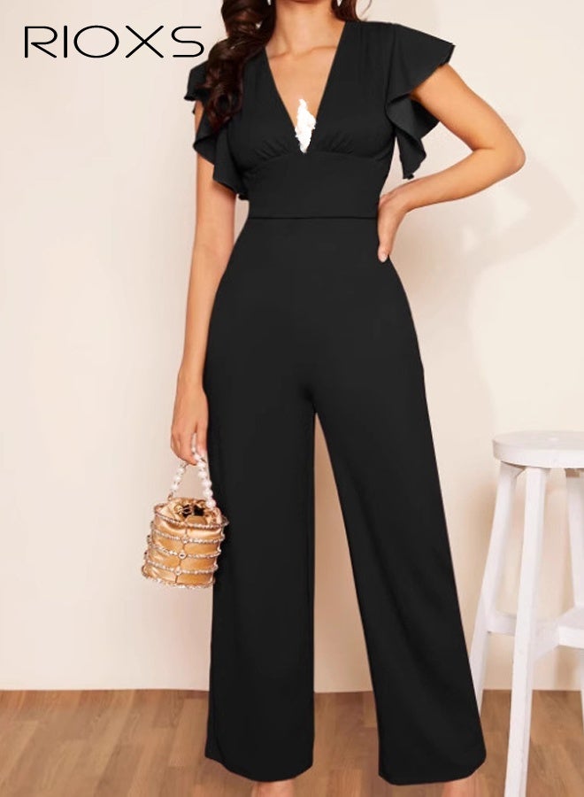 RIOXS Women Onepiece Jumpsuit, Summer Casual Loose V-Neck Short Ruffled Sleeve Jumpsuit with Elastic High Waist, Flowy Wide Leg Solid Color Dressy Rompers Jumpers for Business Wedding Dating Holiday, Black - Image 2