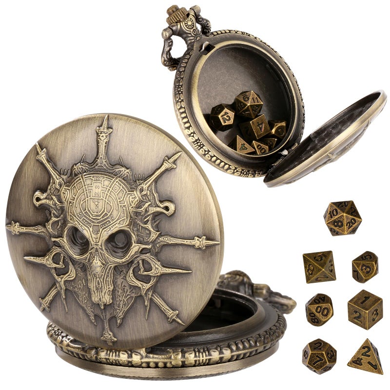 Keller & Weber Mini DND Dice Set Steampunk Warlock Pocket Watch Shell Case 7pcs Polyhedral Metal DD Dice Set DND Gifts with Gift Box for Gamer Role Playing Board Games Accessories Bronze - Image 3