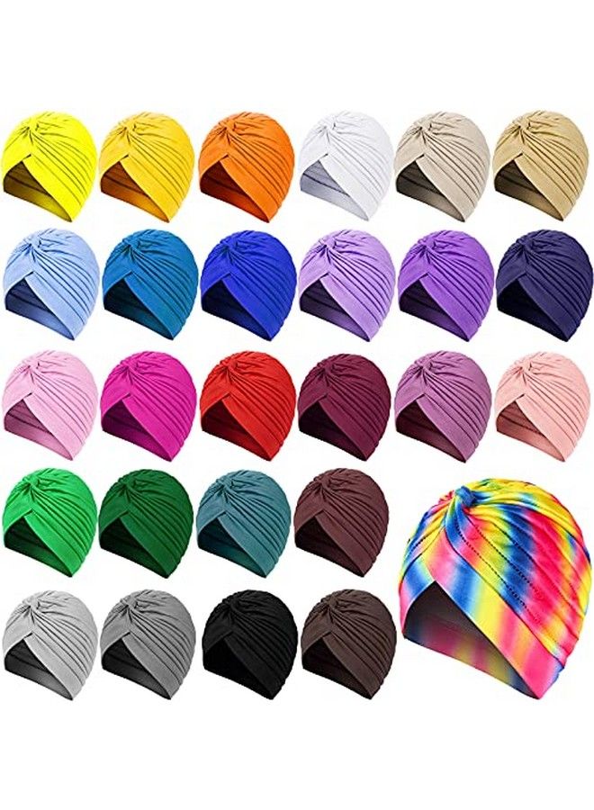 Satinior 27 Pieces Stretch Turbans Twisted Pleated Headwraps Assorted Colors Head Beanies India'S Hair Covers Solid Head Coverings For Women Girls Sleeping Head Accessories 27 Colors - Image 2