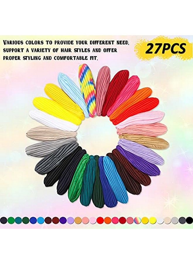 Satinior 27 Pieces Stretch Turbans Twisted Pleated Headwraps Assorted Colors Head Beanies India'S Hair Covers Solid Head Coverings For Women Girls Sleeping Head Accessories 27 Colors - Image 4