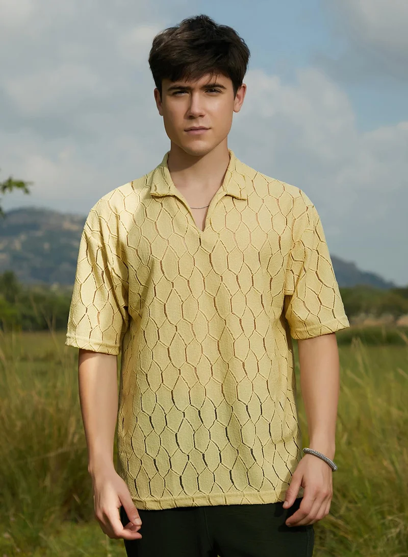 Campus Sutra Campus Sutra Men's Butter Yellow Honeycomb-Knit Polo T-Shirt For Casual Wear | Polo Neck | Short Regular Sleeves | Pull On Closure | T-Shirt Crafted With Comfort Fit For Everyday Wear
