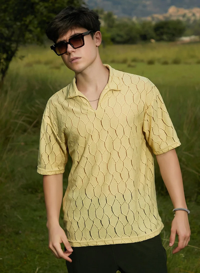 Campus Sutra Campus Sutra Men's Butter Yellow Honeycomb-Knit Polo T-Shirt For Casual Wear | Polo Neck | Short Regular Sleeves | Pull On Closure | T-Shirt Crafted With Comfort Fit For Everyday Wear