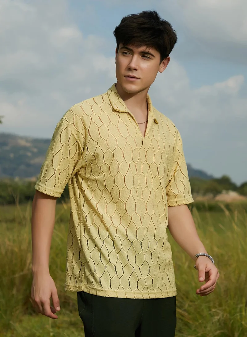 Campus Sutra Campus Sutra Men's Butter Yellow Honeycomb-Knit Polo T-Shirt For Casual Wear | Polo Neck | Short Regular Sleeves | Pull On Closure | T-Shirt Crafted With Comfort Fit For Everyday Wear