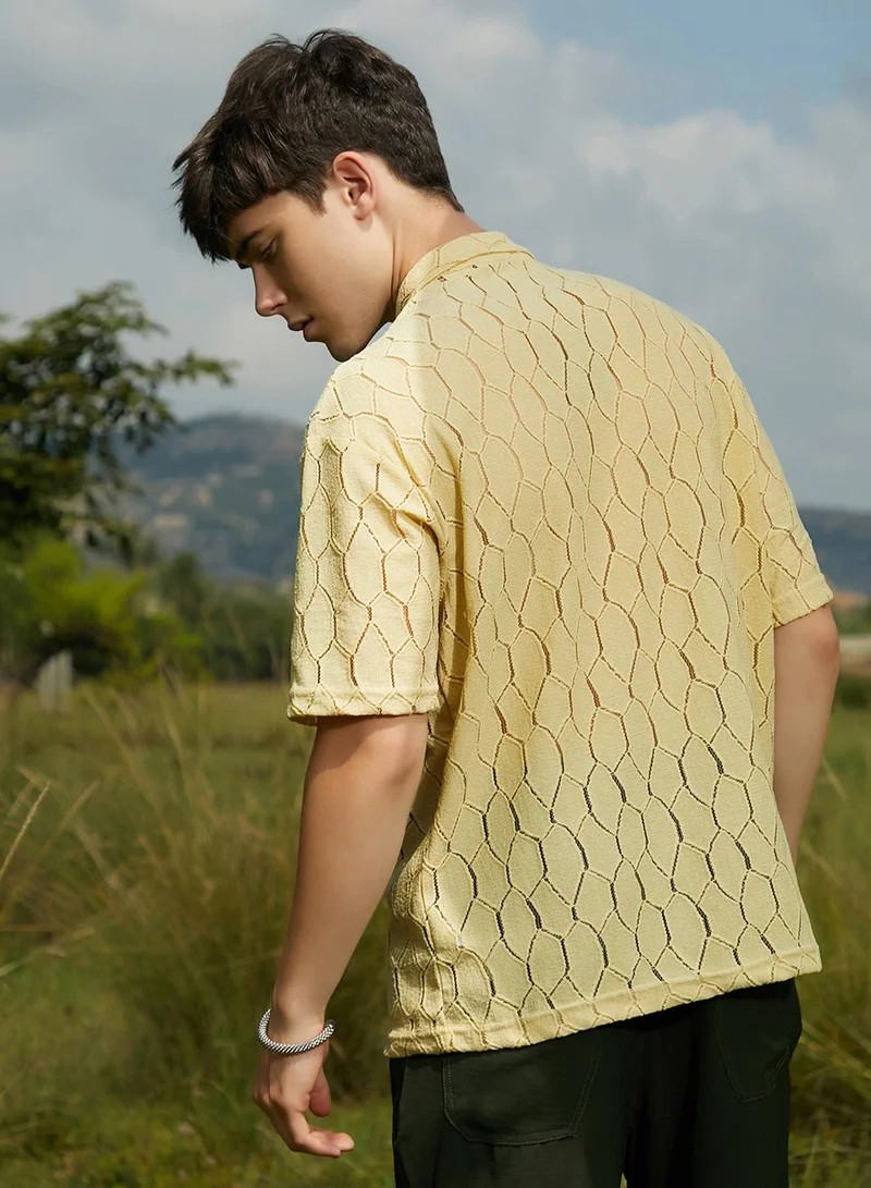 Campus Sutra Campus Sutra Men's Butter Yellow Honeycomb-Knit Polo T-Shirt For Casual Wear | Polo Neck | Short Regular Sleeves | Pull On Closure | T-Shirt Crafted With Comfort Fit For Everyday Wear