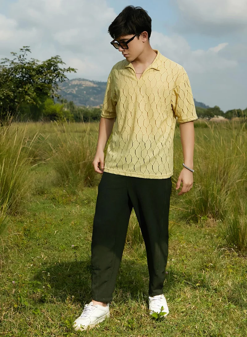 Campus Sutra Campus Sutra Men's Butter Yellow Honeycomb-Knit Polo T-Shirt For Casual Wear | Polo Neck | Short Regular Sleeves | Pull On Closure | T-Shirt Crafted With Comfort Fit For Everyday Wear
