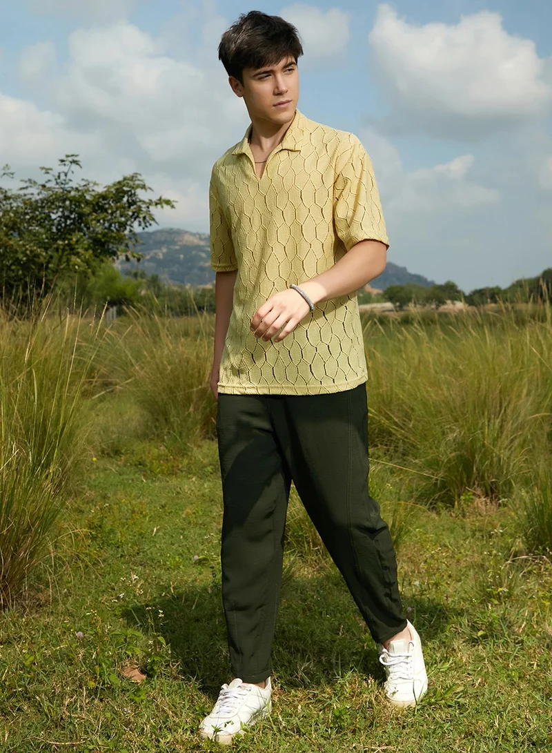 Campus Sutra Campus Sutra Men's Butter Yellow Honeycomb-Knit Polo T-Shirt For Casual Wear | Polo Neck | Short Regular Sleeves | Pull On Closure | T-Shirt Crafted With Comfort Fit For Everyday Wear