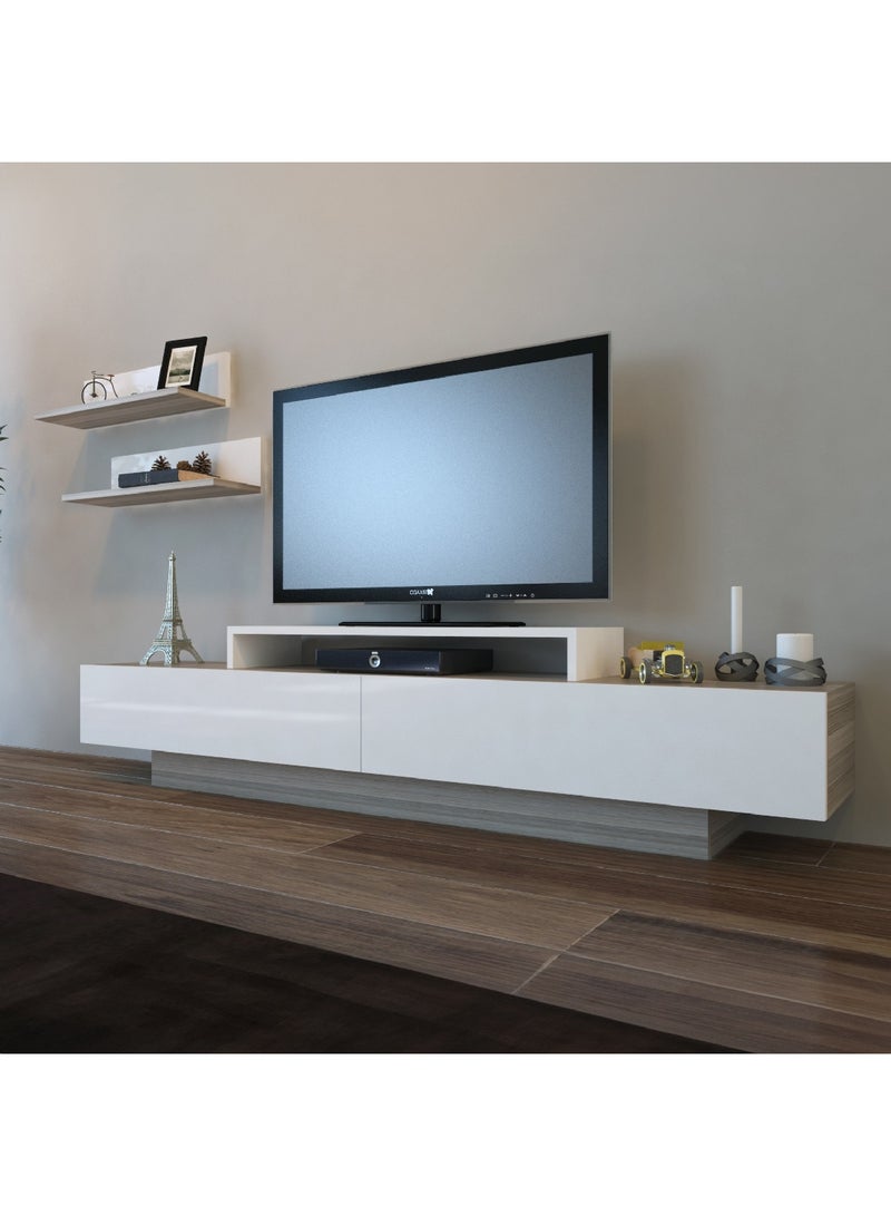 Home Box وحدة تلفاز من خشب القيقب مع رفّين للتلفزيونات حتى 75 بوصة 29.5 × 30 × 180 سم - Image 1