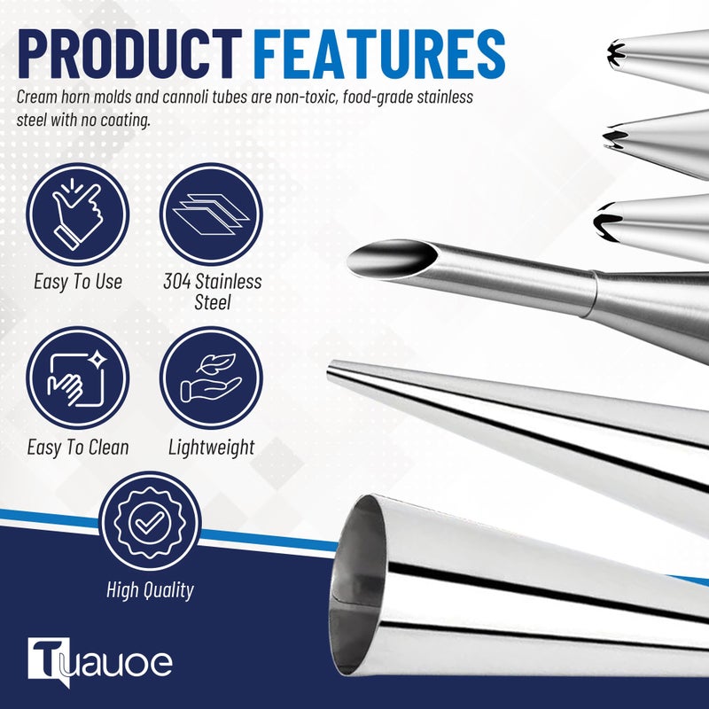 Tuauoe Cream Horn Molds for Baking, 23pcs Horn Forms Set, Non-stick Stainless Steel 15pcs Cone Shaped with Cleaning Brush, Piping Tip, Piping Bag, for ice Cream Cones, Puff Pastry, Baking Cones - Image 3