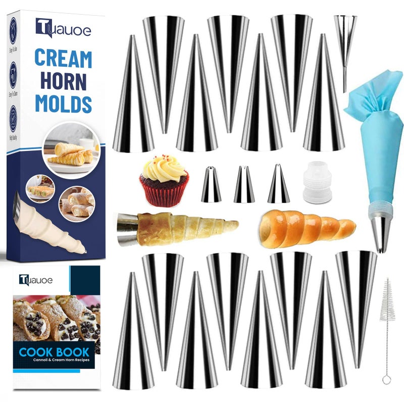Tuauoe Cream Horn Molds for Baking, 23pcs Horn Forms Set, Non-stick Stainless Steel 15pcs Cone Shaped with Cleaning Brush, Piping Tip, Piping Bag, for ice Cream Cones, Puff Pastry, Baking Cones - Image 1