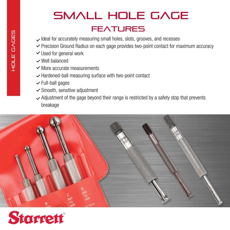 Starrett Small Hole Gage with Precision Ground Radius, Smooth, Sensitive Adjustment and Hardened-Ball Measuring Surface - .200-.300" Range, 3" Length - 829B - Image 2