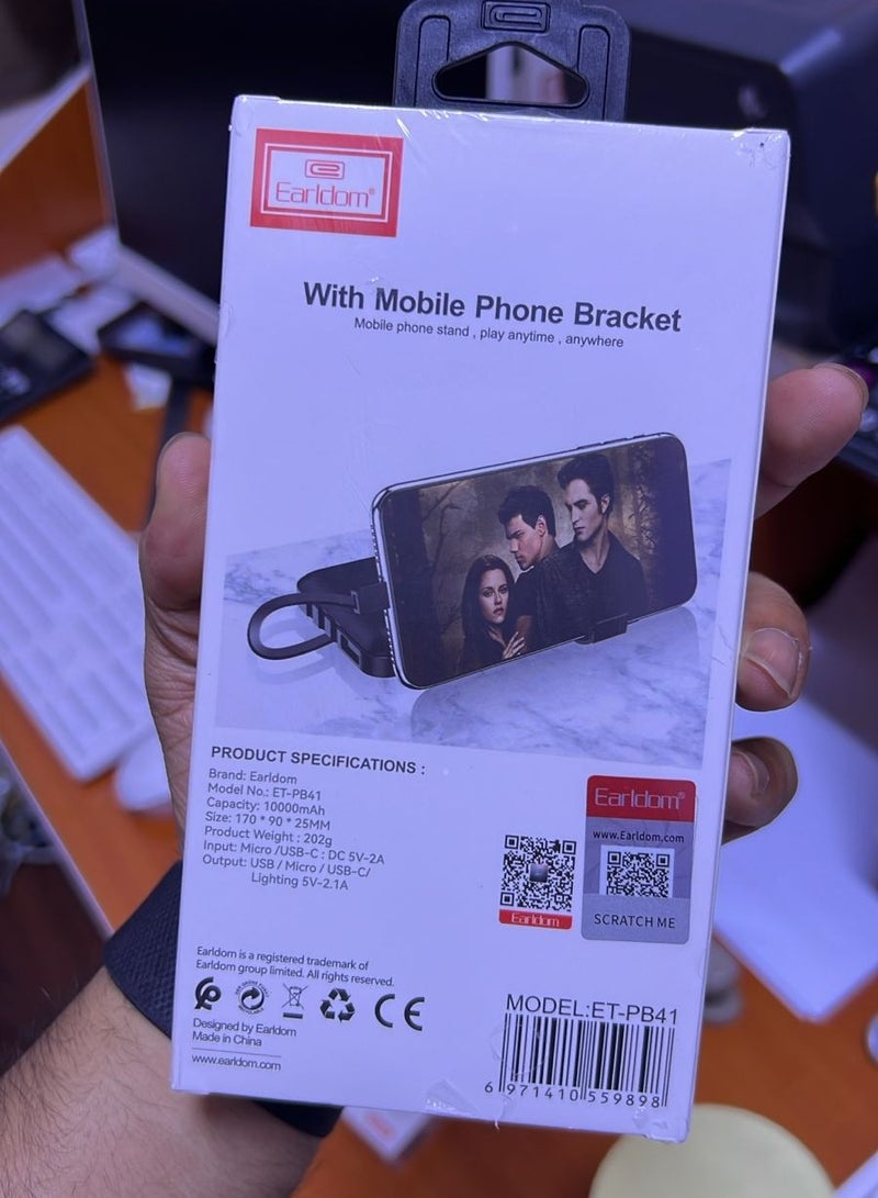 Earldom 10000mAh Power Bank with Built-in Phone Stand and 3 Built-in Cables – LCD Display, USB, Type-C, and Lightning Output – Compatible with All Smartphones - Image 1