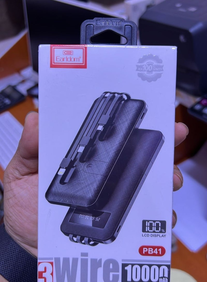 Earldom 10000mAh Power Bank with Built-in Phone Stand and 3 Built-in Cables – LCD Display, USB, Type-C, and Lightning Output – Compatible with All Smartphones - Image 2