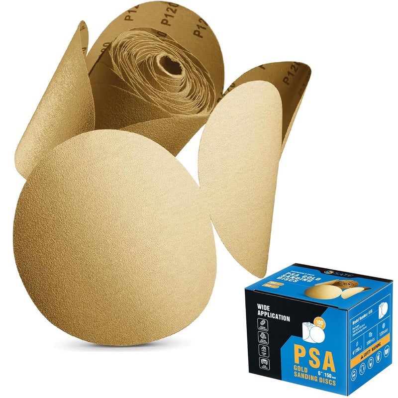 S SATC 100 PCS PSA Sanding Discs 6 Inch Adhesive Backed Sandpaper 120 Grit Sander Attachment for Drill Self Stick Aluminum Oxide Round Automotive Sandpaper with Sticky Back - Image 1