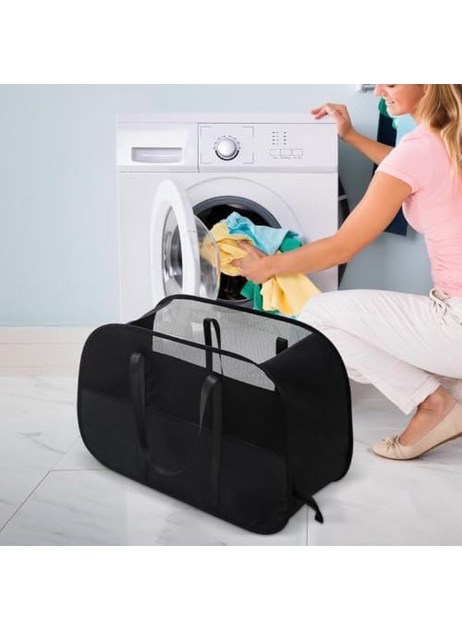 Black Foldable Mesh Laundry Hamper Portable Clothes Storage Bag With Handles - Image 4