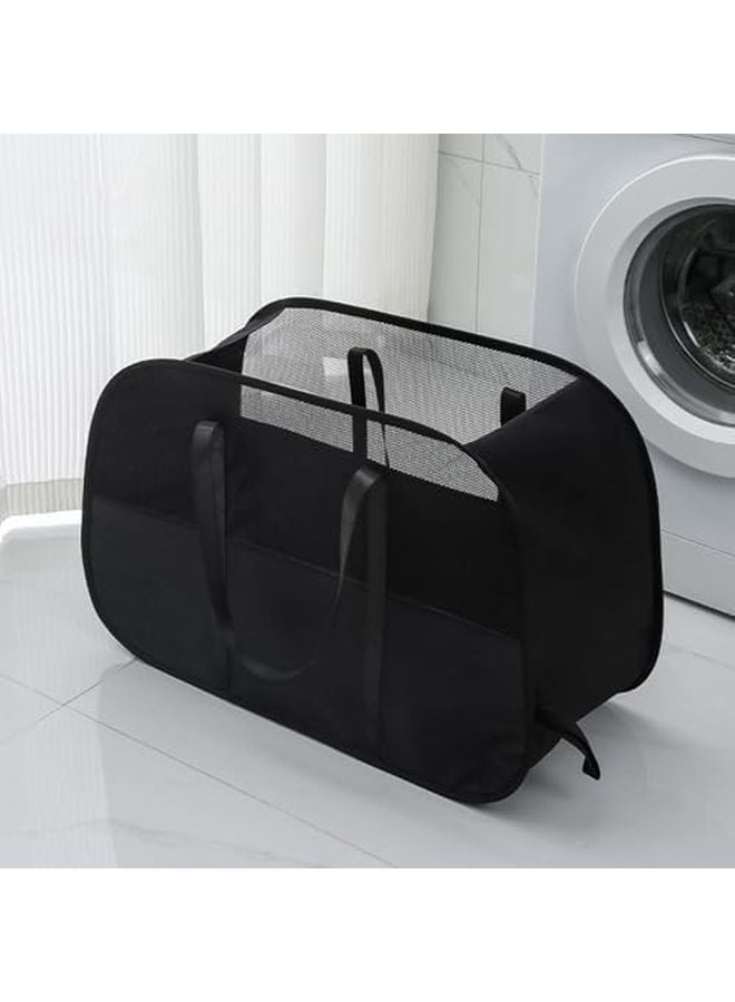 Black Foldable Mesh Laundry Hamper Portable Clothes Storage Bag With Handles - Image 3