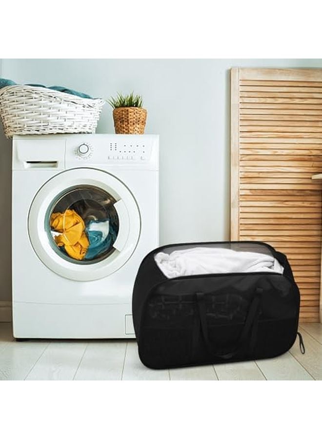 Black Foldable Mesh Laundry Hamper Portable Clothes Storage Bag With Handles - Image 5
