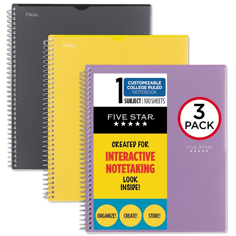 Five Star Interactive Notetaking Spiral Notebooks, 3 Pack, 1-Subject, College Ruled Paper, 11" x 8-1/2", 100 Sheets, Customizable Cover, Black, Amethyst Purple, Harvest Yellow (820196-ECM) - Image 1