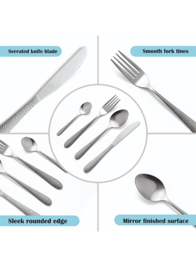 Noon East 24 Piece Hammered Flatware Cutlery Set, Stainless Steel Silverware Set for Home/Office/Party, Knife Fork Spoon Eating Utensils Set Service for 6, Mirror Polish & Dishwasher Safe - Image 2