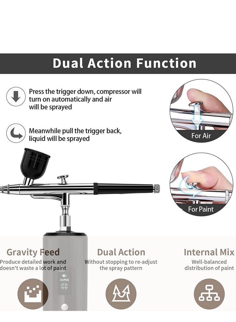 Zikra طقم رش هواء مع ضاغط محمول مسدس رش هواء لاسلكي للرسم 36PSI تغذية جاذبية مزدوجة العمل يدوي صغير قابل لإعادة الشحن مع عرض LED لتزيين الأظافر النموذجية - Image 2