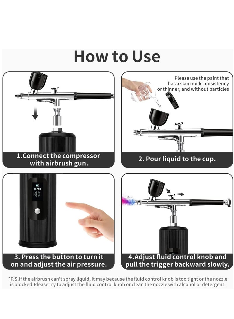 Zikra طقم رش هواء مع ضاغط محمول مسدس رش هواء لاسلكي للرسم 36PSI تغذية جاذبية مزدوجة العمل يدوي صغير قابل لإعادة الشحن مع عرض LED لتزيين الأظافر النموذجية - Image 4