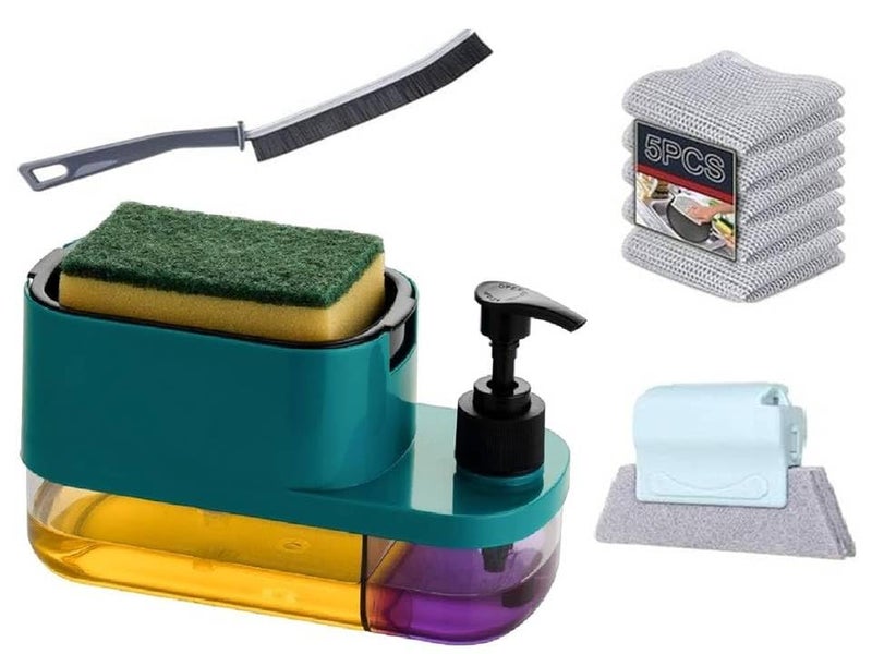 MOXWARE 3 in 1 Soap Dispenser for Bathroom Dishwasher Liquid Holder Liquid Dispenser Pump with Sponge Holder Kitchen Sink with Combo Non-Scratch Wire Dish Cloth Rags & Gap Cleaning Brush - Image 1