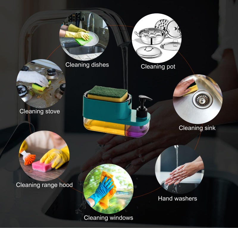 MOXWARE 3 in 1 Soap Dispenser for Bathroom Dishwasher Liquid Holder Liquid Dispenser Pump with Sponge Holder Kitchen Sink with Combo Non-Scratch Wire Dish Cloth Rags & Gap Cleaning Brush - Image 3
