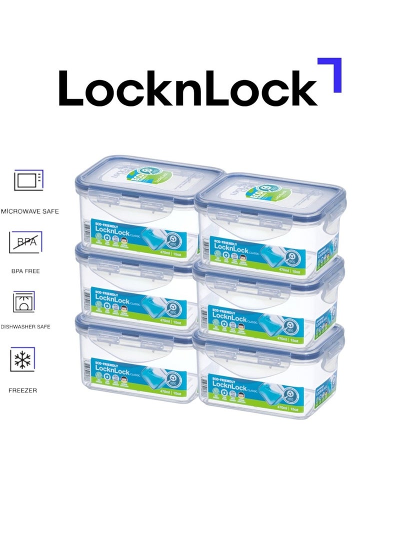 لوك إن لوك 470 مل حاوية طعام مستطيلة محكمة الإغلاق - خالية من BPA، آمنة في الميكروويف، الفريزر، وغسالة الصحون - عبوة من 6