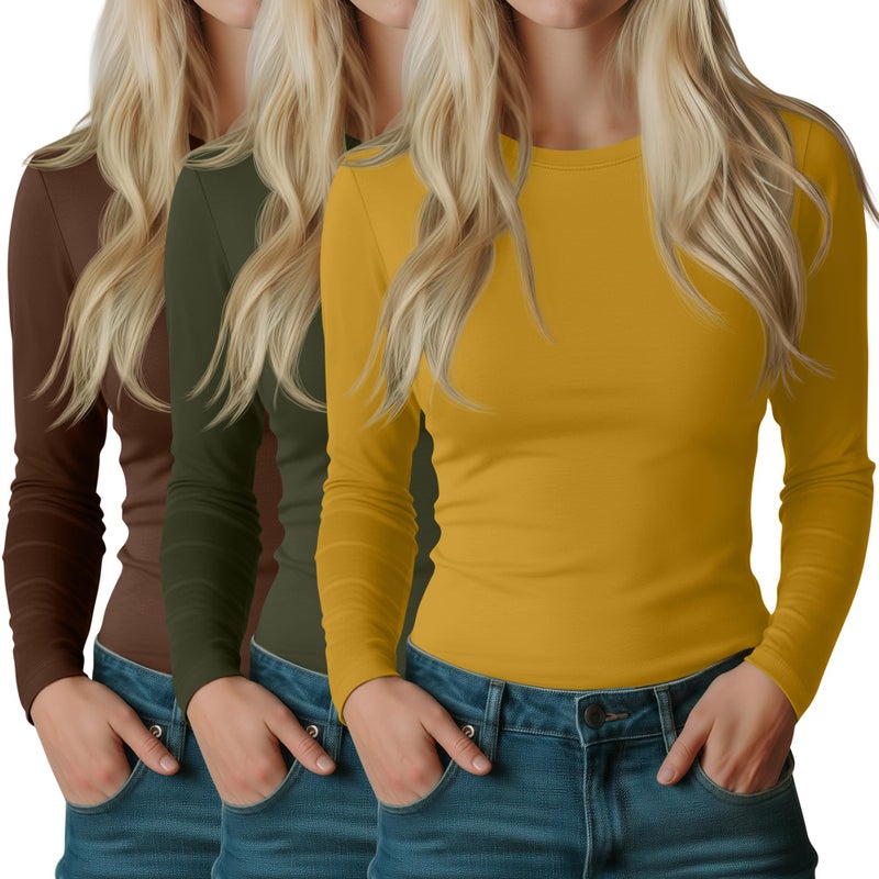 Riyiper 3 Pack Women's Long Sleeve Shirts Cotton Blend Crew Neck Slim Fit Tops Basic Layering Soft Casual Everyday Undershirt(Yellow, Army Green, Reddish Brown,Medium) - Image 1