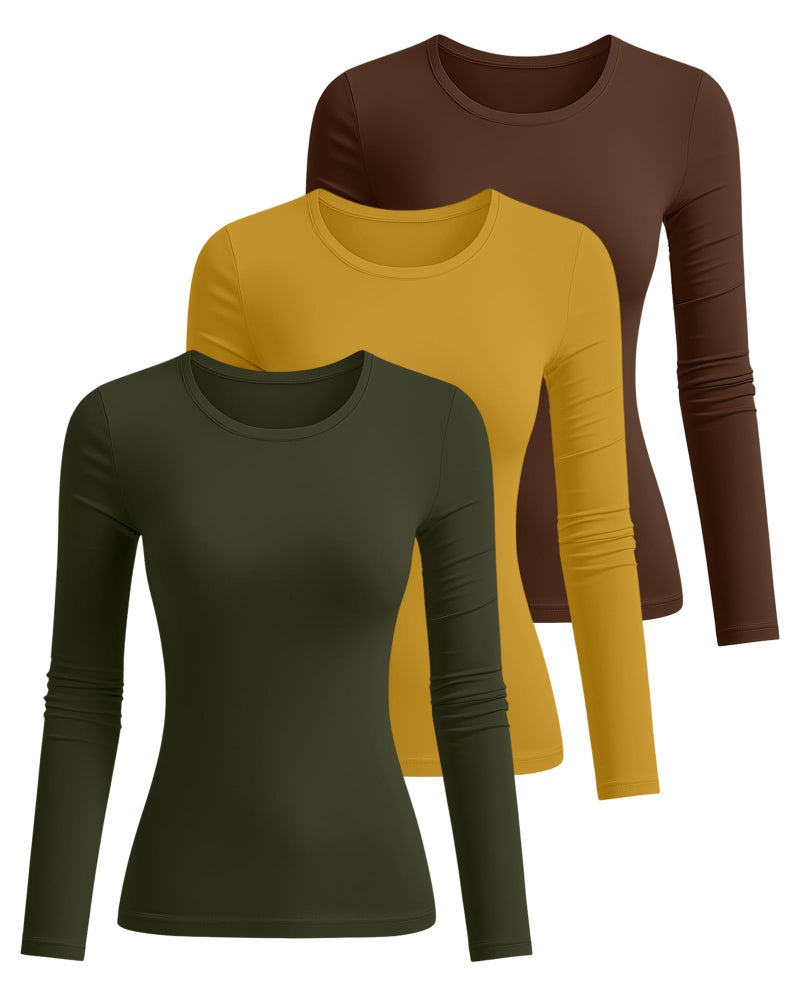 Riyiper 3 Pack Women's Long Sleeve Shirts Cotton Blend Crew Neck Slim Fit Tops Basic Layering Soft Casual Everyday Undershirt(Yellow, Army Green, Reddish Brown,Medium) - Image 2