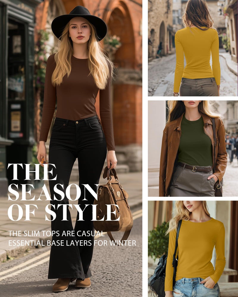 Riyiper 3 Pack Women's Long Sleeve Shirts Cotton Blend Crew Neck Slim Fit Tops Basic Layering Soft Casual Everyday Undershirt(Yellow, Army Green, Reddish Brown,Medium) - Image 3