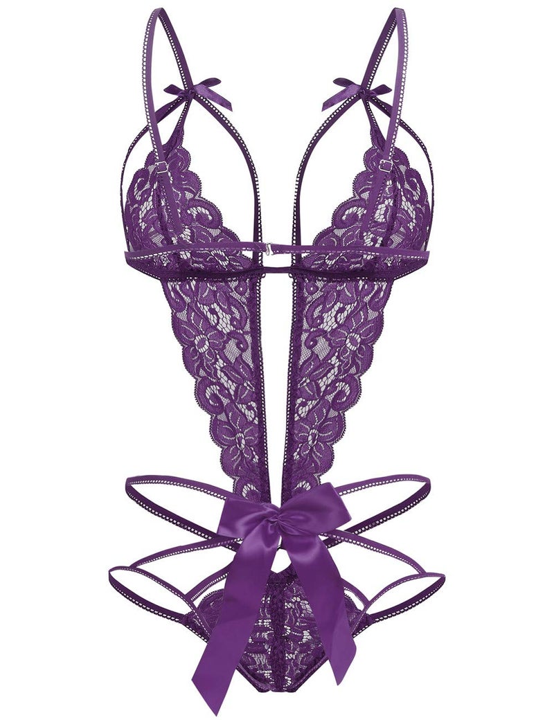 Donnalla Lingerie for Women Deep V Lace Teddy One Piece Lingerie Bodysuit Babydoll Teddy Underwear Purple M - Image 3