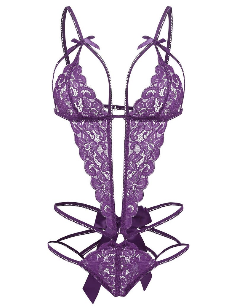 Donnalla Lingerie for Women Deep V Lace Teddy One Piece Lingerie Bodysuit Babydoll Teddy Underwear Purple M - Image 1