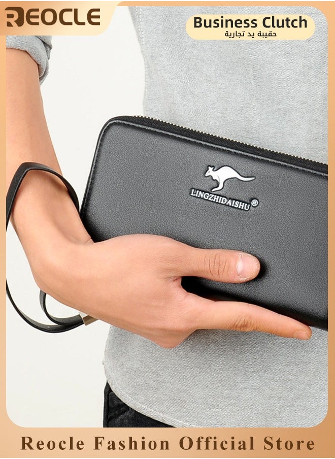 REOCLE Men's Clutch Purse Leather Handbag Large Capacity & Multiple Card Slots & Retro Business Style Zippered Long Wallet Travel Bag Wallet  - Image 1