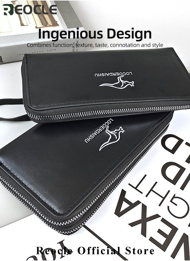 REOCLE Men's Clutch Purse Leather Handbag Large Capacity & Multiple Card Slots & Retro Business Style Zippered Long Wallet Travel Bag Wallet  - Image 3