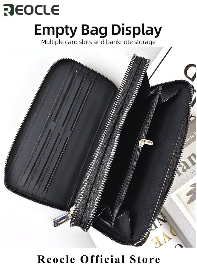 REOCLE Men's Clutch Purse Leather Handbag Large Capacity & Multiple Card Slots & Retro Business Style Zippered Long Wallet Travel Bag Wallet  - Image 4