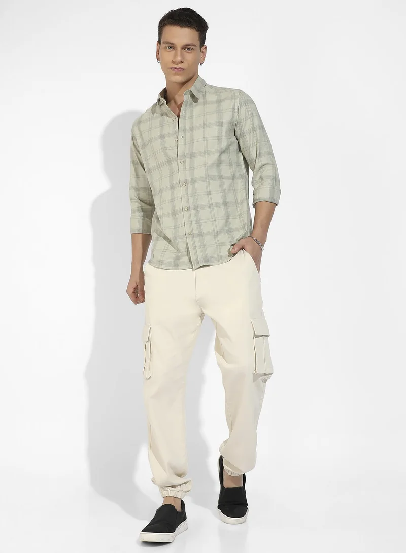 Campus Sutra Men's Sage Green Tartan Plaid Shirt