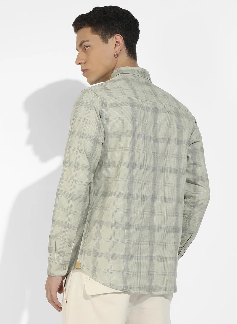Campus Sutra Men's Sage Green Tartan Plaid Shirt