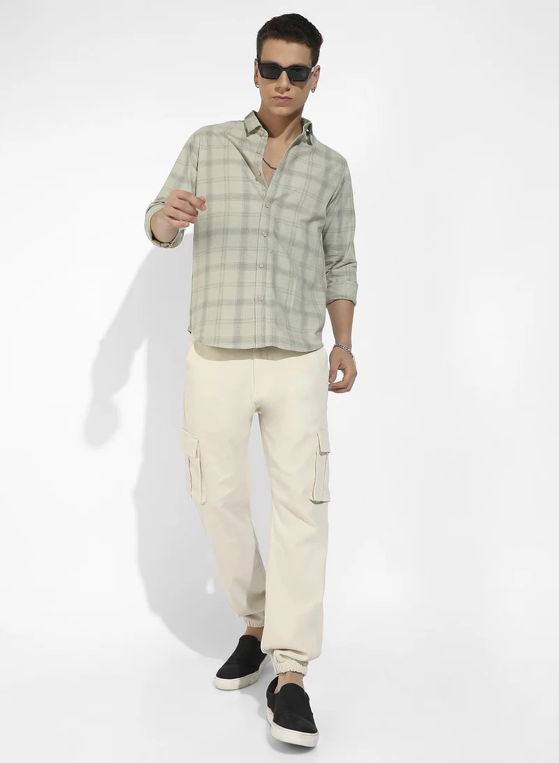 Campus Sutra Men's Sage Green Tartan Plaid Shirt