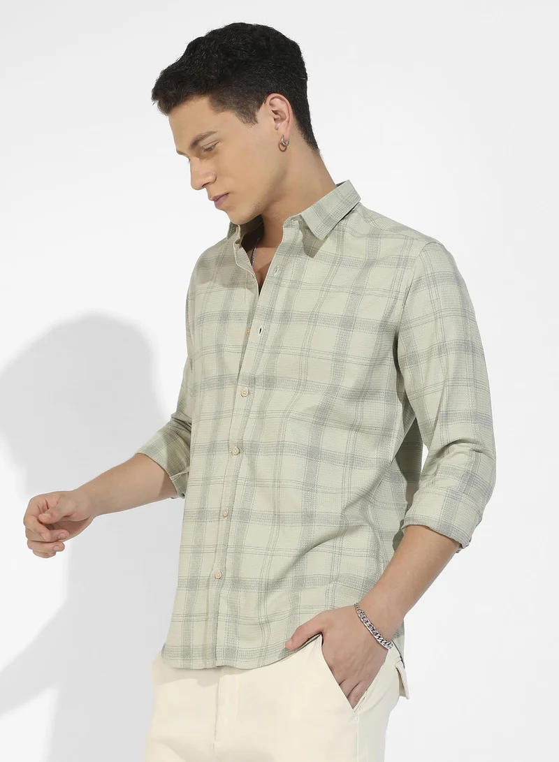 Campus Sutra Men's Sage Green Tartan Plaid Shirt