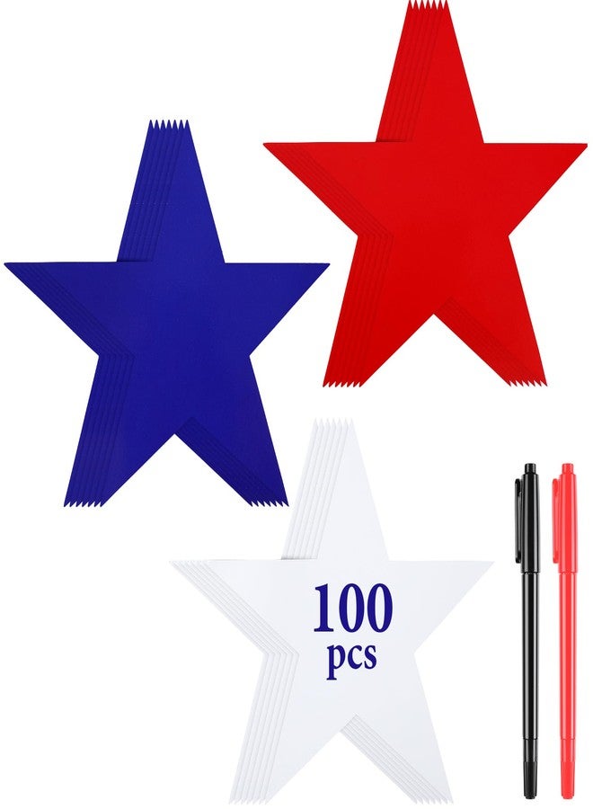 Moinchore 100 Pcs 6'' Large Paper Patriotic Star Cutouts with 2 Pcs Marker Pens Red White Blue Cutouts Star Bulletin Board Decor for Classroom Office 4th of July Veterans Patriot Day - Image 1