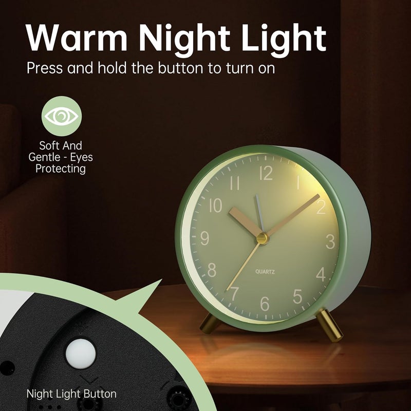Jall Analog Alarm Clock, 4 inch Super Silent Non Ticking Small Clock with Night Light, Battery Operated, Simple Design, easy setting for Office, Bedroom, Bedside, Desk, teens, elders, kids, adult, Green - Image 4
