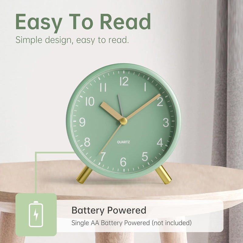 Jall Analog Alarm Clock, 4 inch Super Silent Non Ticking Small Clock with Night Light, Battery Operated, Simple Design, easy setting for Office, Bedroom, Bedside, Desk, teens, elders, kids, adult, Green - Image 3