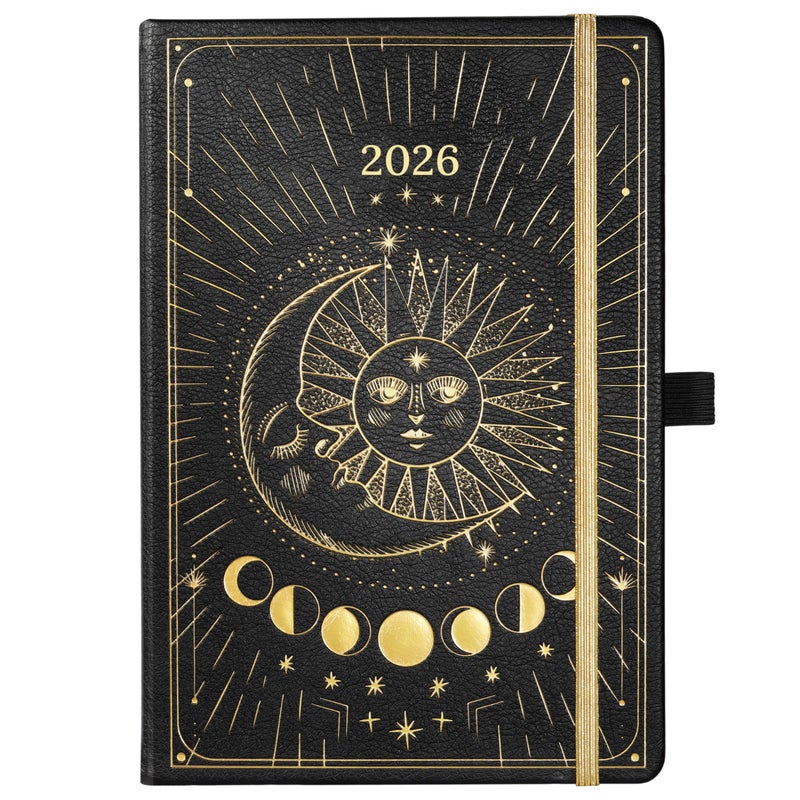 Artfan مخطط 2026 - مخطط 2026، يناير 2026 - ديسمبر 2026، 5.75" × 8.25"، مخطط أسبوعي شهري 2026، مخطط جلد صناعي 2026 مع جيب خلفي و 40 صفحة ملاحظات - الشمس والقمر - Image 1