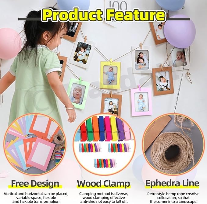 Toxen Paper Picture Frames Photo Frames for Back to School Decoration Clothespins Hanging Photo Display Frames for Home, School and Office Decor (PACK OF 10) - Image 4
