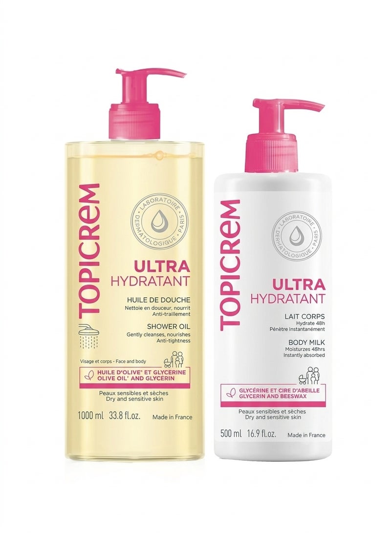 Topicrem Body Milk 500ml Hydrating Set + Topicrem Ultra Hydratant Shower Oil 1000ml Moisturizing Body Care Duo for Dry & Sensitive Skin