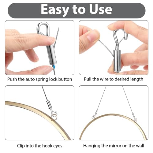 MAKABEE 4PCS Adjustable Picture Frame (2+2) ,Mirror Hanging Wire Kit,3.3FT (1M) Heavy Duty Stainless Steel Rope for Hanging Pictures,Mirrors,Light Lamp,Billboards,Basket,Flowerpot,Hold Up to 66lbs - Image 4