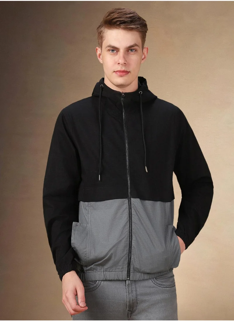 دينيس لينغو Men's Black 100% Polyester Colour Blocked Regular Fit Jacket